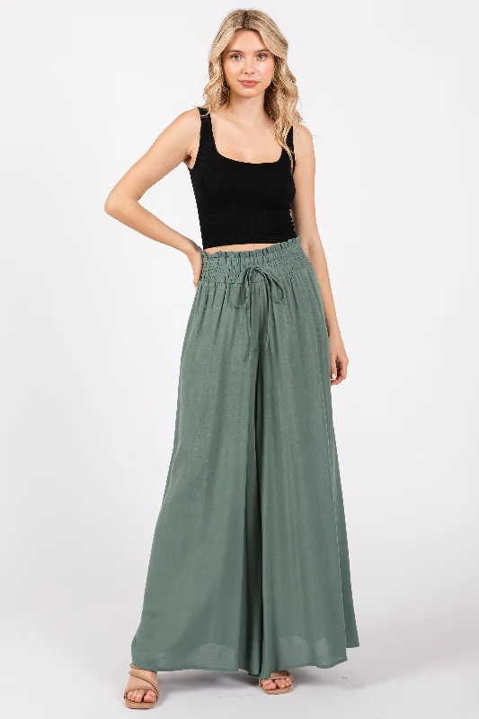 Olive Wide Leg Smocked Lightweight PantsFlare Pants