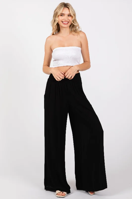 Black Wide Smock Waist PantsAthletic Pants