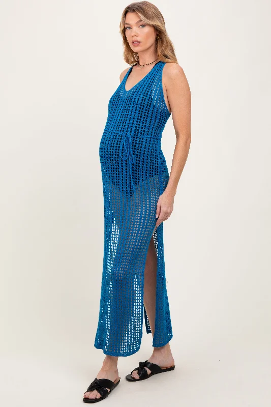 Blue Crochet V-Neck Side Slit Maternity Cover UpVNeckTopExplorer