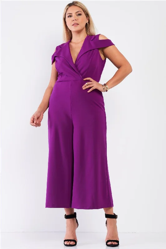 Junior Plus Magenta Sleeveless Collared Plunging V-Neck Wide Leg Jumpsuit /1-1-1VNeckTopIron