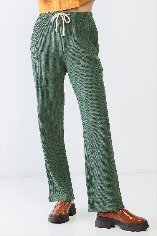 Green Cotton Waffle Knit Three Pocket High Waist Pants /1-2-2-1Linen Pants