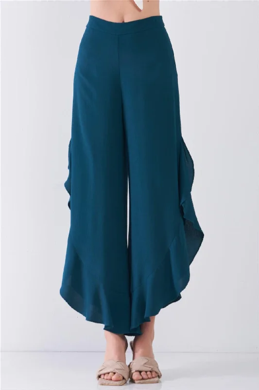 Dark-Green High-Waisted Ruffle Side Slit Wide Leg Pants /3-2-1Yoga Pants