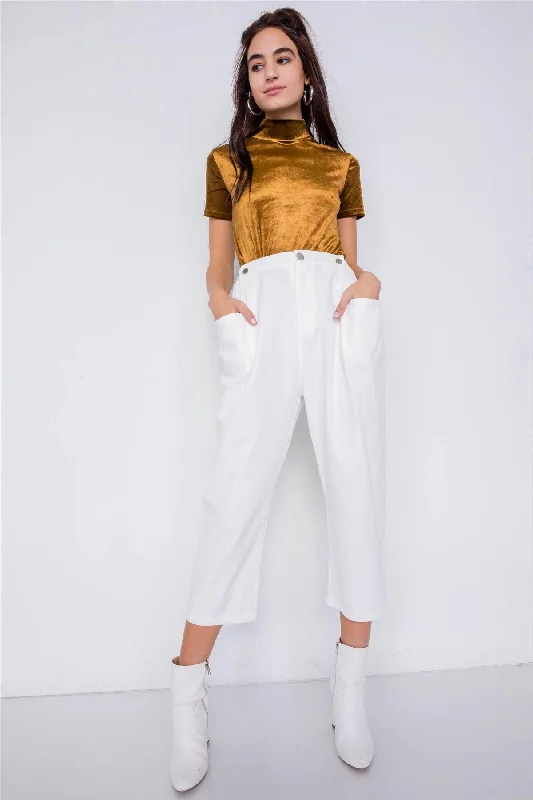 Off-White Chic Solid Ankle Wide Leg Adjustable Snap Waist Pants /3-2-1Fleece-lined Pants