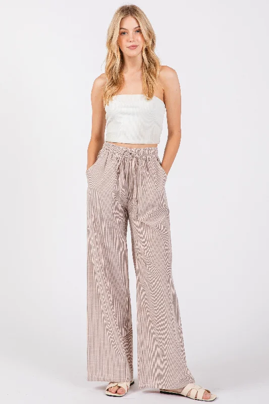 Light Taupe Striped Drawstring Wide Leg PantsReflective Pants