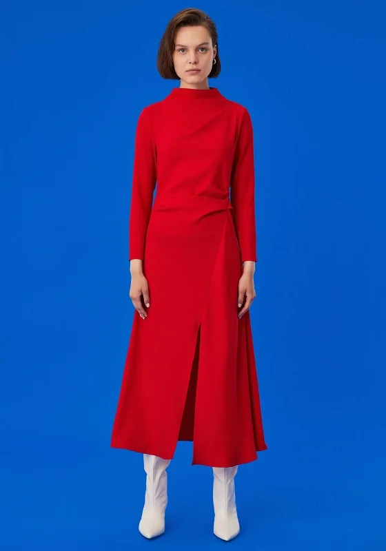 Exquise Funnel Neck Ruched Maxi Dress, RedSleeveless Dress