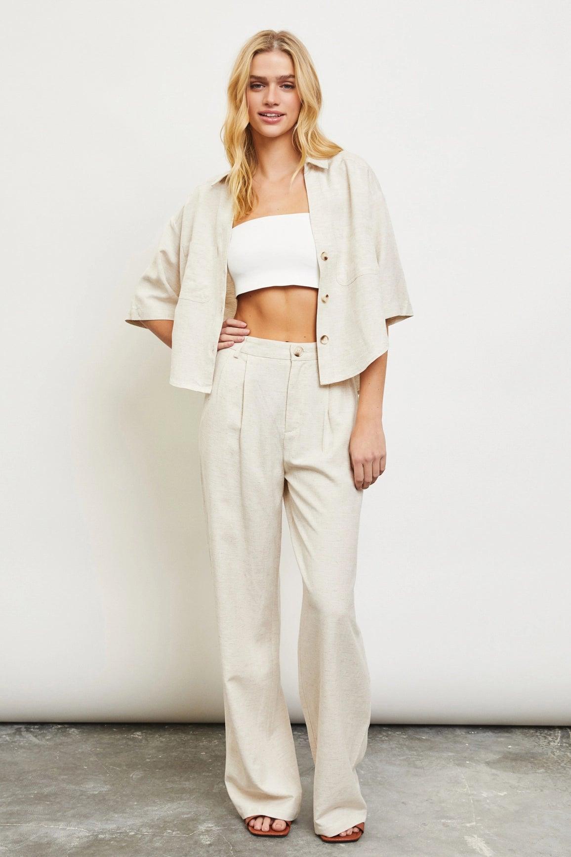 Oatmeal Wide Linen Trousers PantsCapris