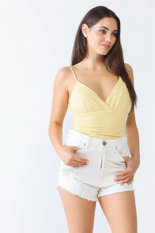 Yellow Ruched Textured Sleeveless Wrap V-Neck Bodysuit /3-1-1VNeckTopElite