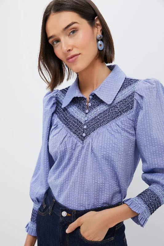 Yoga ShirtsBlue Seersucker Smocked Vail Blouse