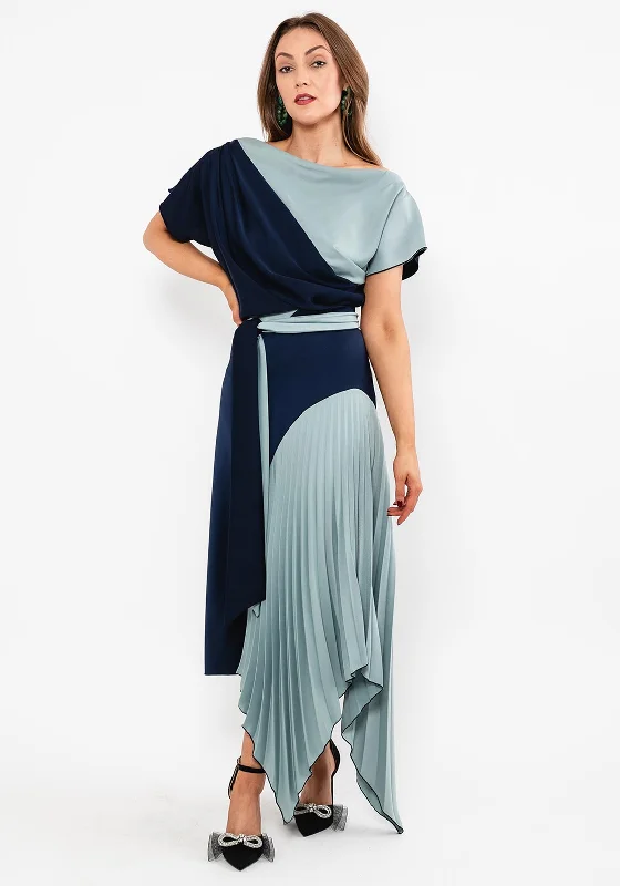 Kevan Jon Lucy Pleat Drape Maxi Dress, Navy & Duck EggKaftan Dress