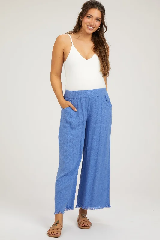 Periwinkle Linen Frayed Hem Crop Maternity PantsDress Pants