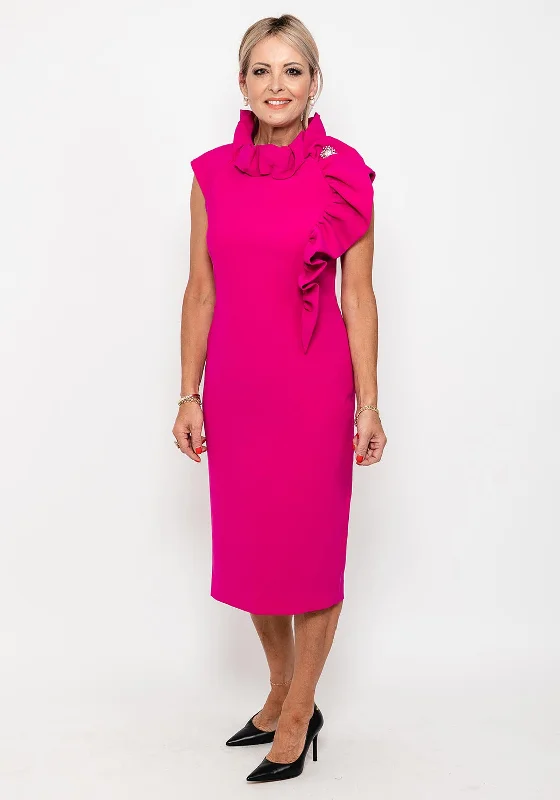 Claudia C Calisto Ruffle Midi Dress, FuchsiaSatin Dress