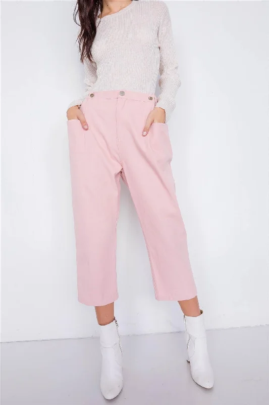 Pastel Dust Rose Chic Solid Ankle Wide Leg Adjustable Snap Waist Pants  /3-2-1Rain Pants