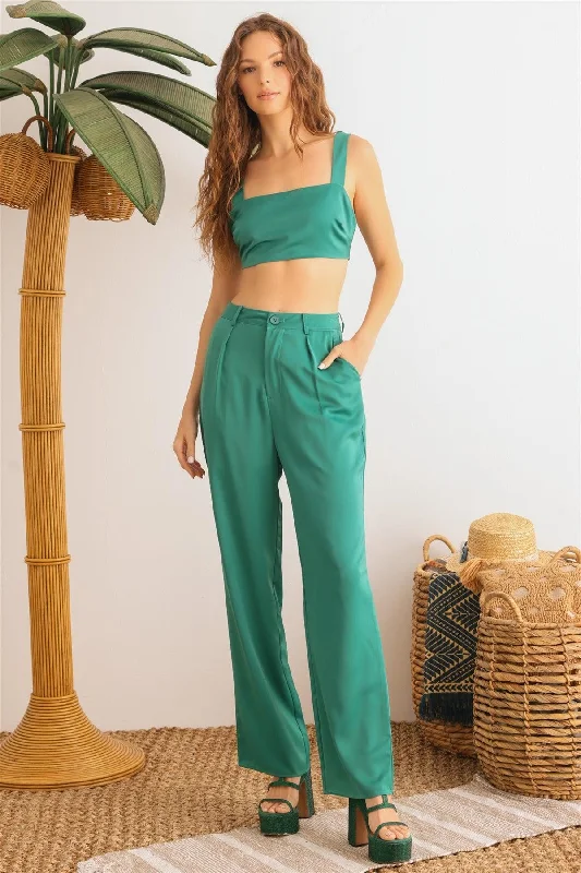 Dark Green Satin Sleeveless Crop Top & High Waist Wide Leg Pants Set /1-2-2-1Convertible Pants