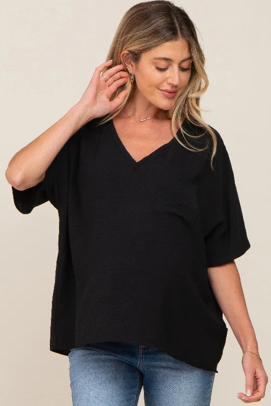 Dress ShirtsBlack Oversized V-Neck Pocket Front Maternity Blouse