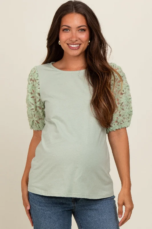 Branded ShirtsLight Olive Floral Mesh Sleeve Maternity Blouse