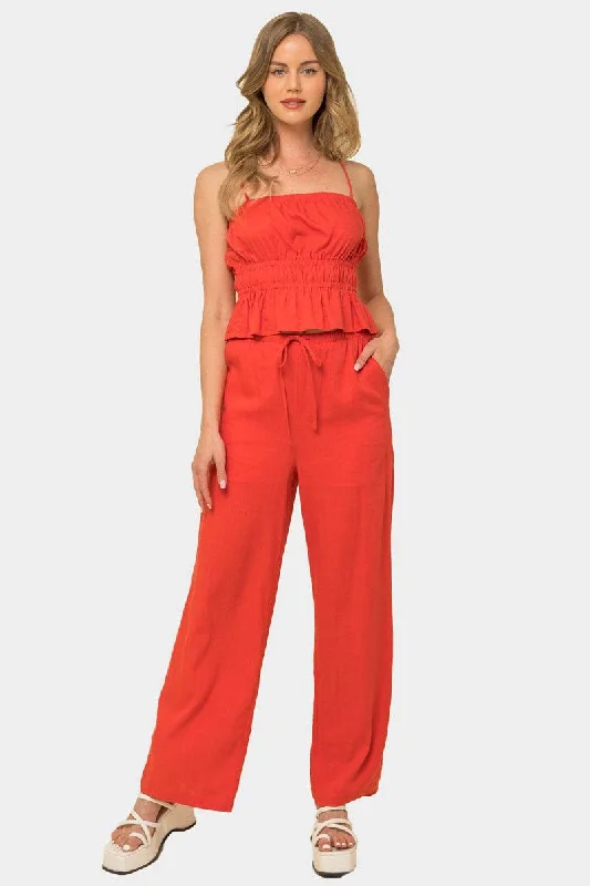 Ruched Linen Cami Top & Elastic Waist Pants SetFlat-front