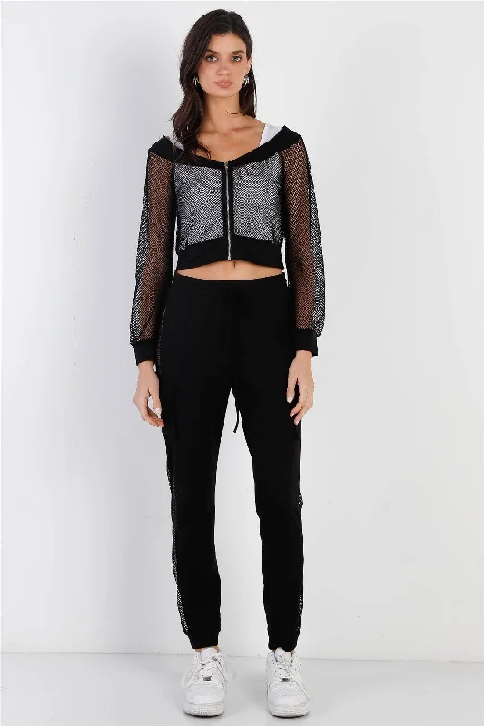 Black Contrast Fishnet Zip-Up Top & Pants Set /2-2-2Stretch Pants