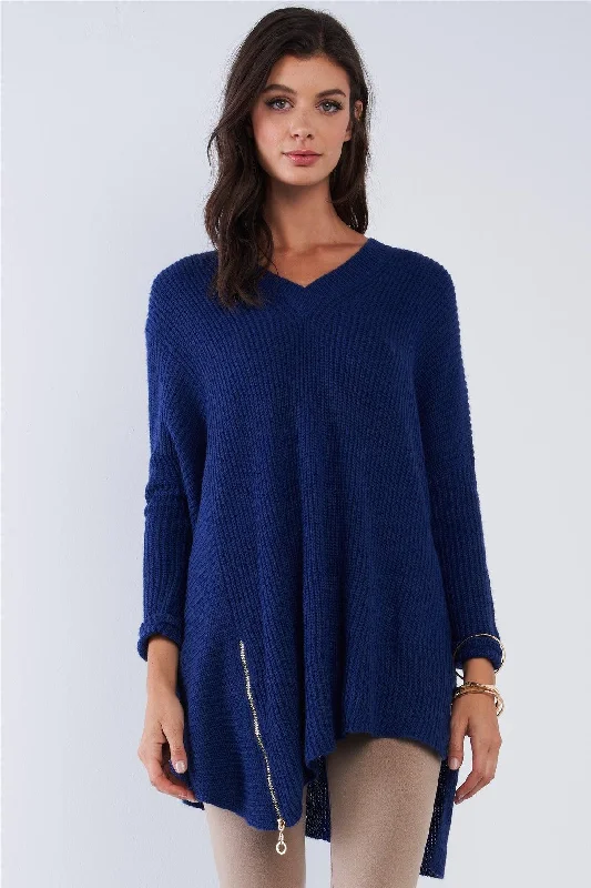 Blue V-Neck Oversized Long Sleeve Gold Zipper