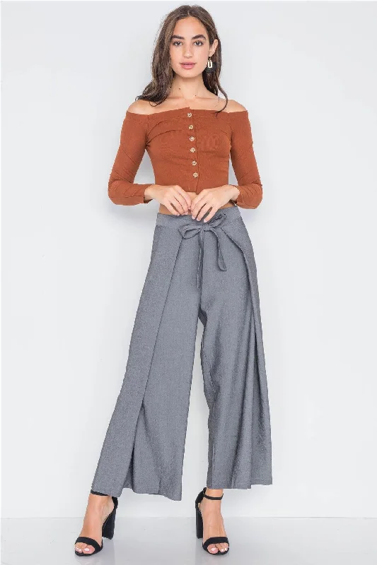 Ash Grey High-Waist Front-Tie Wide Leg Pants /3-2-1Tuxedo Pants