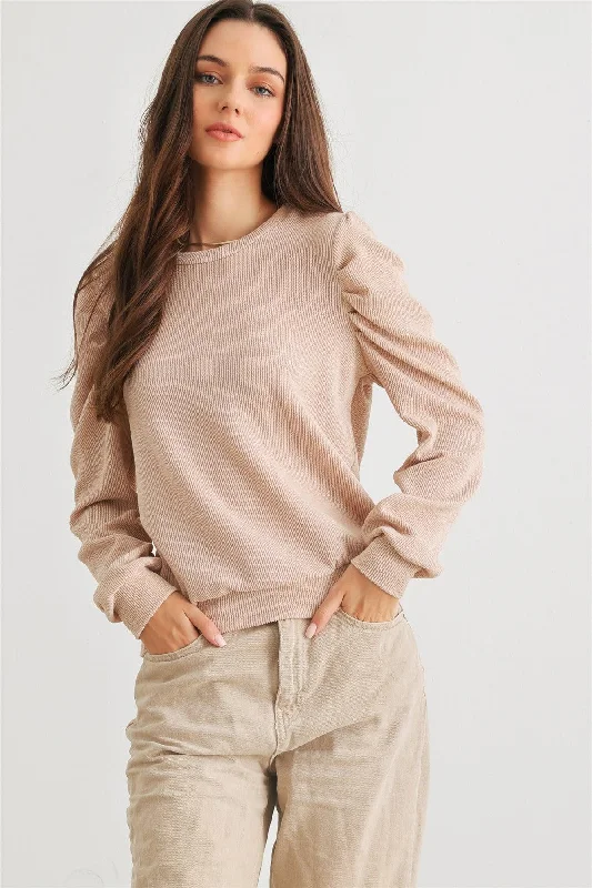 Sand Ribbed Crew Neck Puff Long Sleeve Top /2-2-2