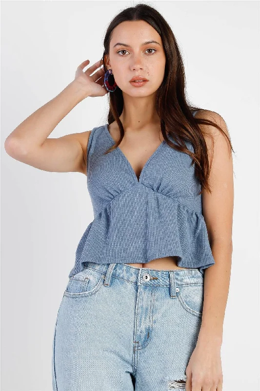 Dusty Blue Waffle Knit Ruffle Hem V-Neck Sleeveless Top /3-1-1VNeckTopEdge