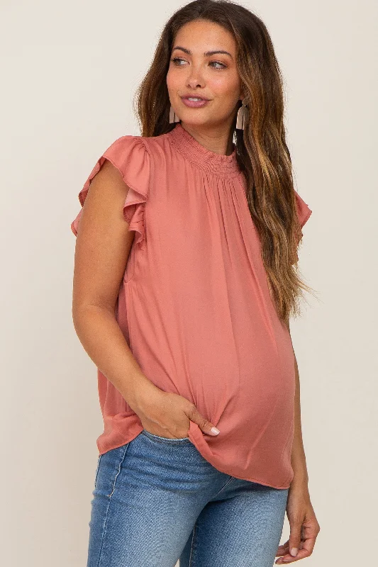 Formal ShirtsMauve Mock Neck Flutter Maternity Blouse