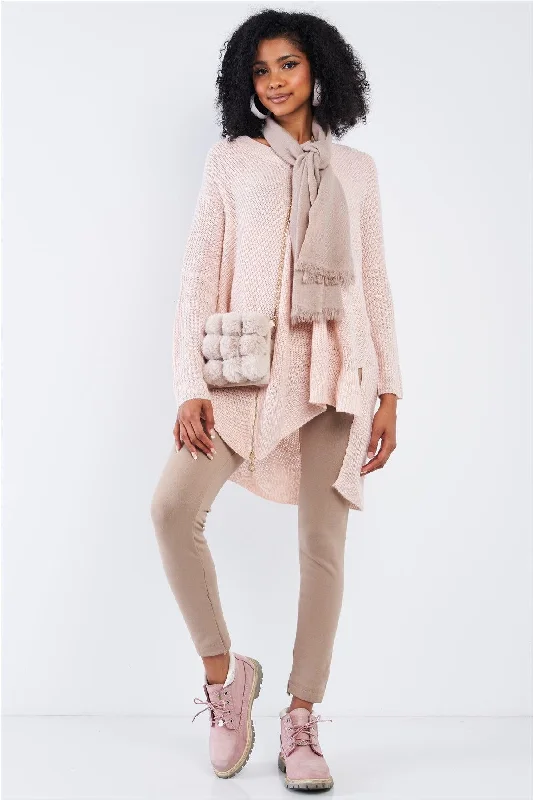 Baby Soft Pink V-Neck Asymmetrical Oversized Long Sleeve Gold Zipper /4-2