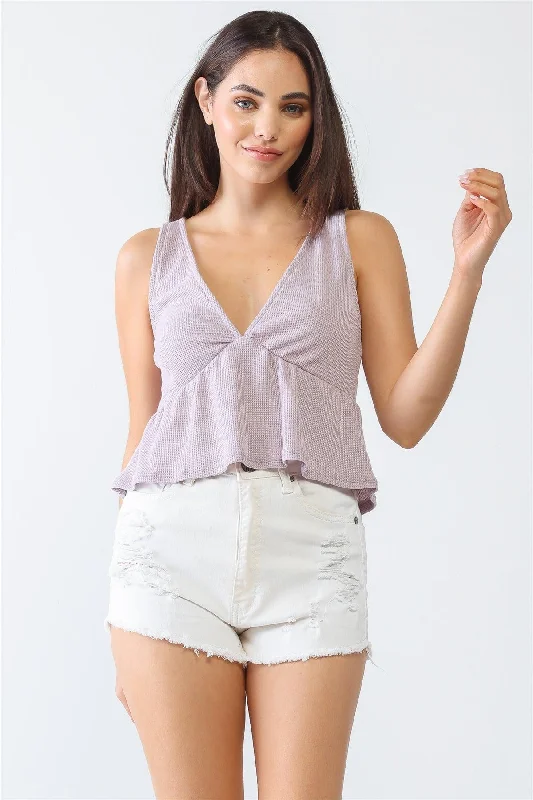 Lavender Waffle Knit Ruffle Hem V-Neck Sleeveless Top /3-2-1VNeckTopPlus