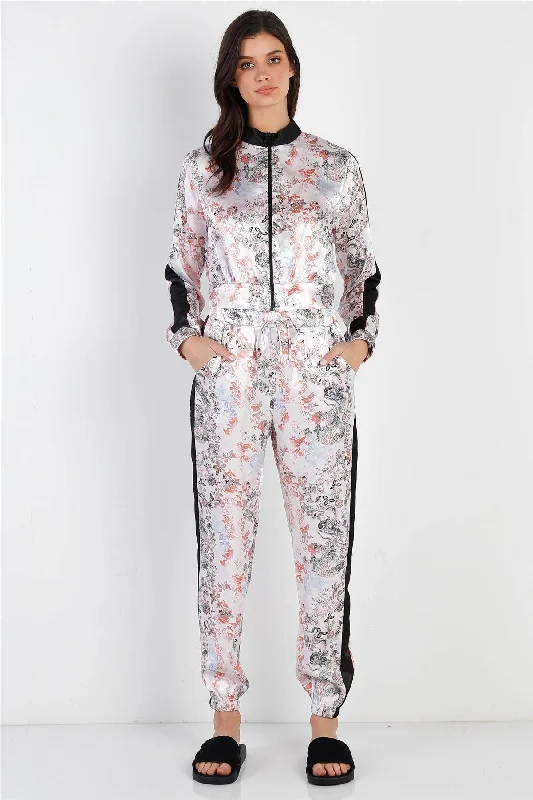 Black Contrast Satin Effect Multi Color Print Zip-Up Jacket & Pants Set /2-2-2Wool Pants