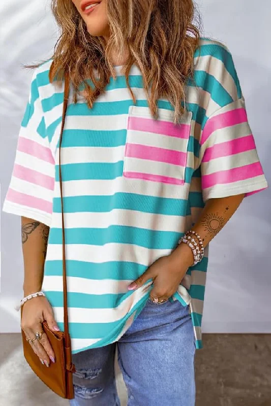 Blue Stripe Contrast Patch Pocket Drop Sleeve TeeEmbroidered T-Shirts