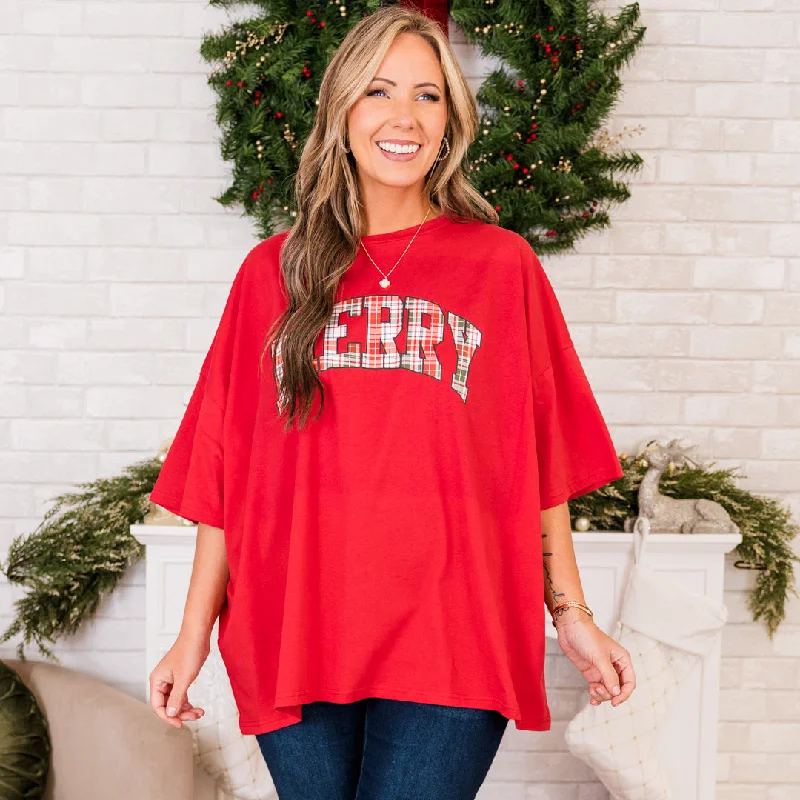 Merry and Plaid Boyfriend Tee, RedYoga T-Shirts