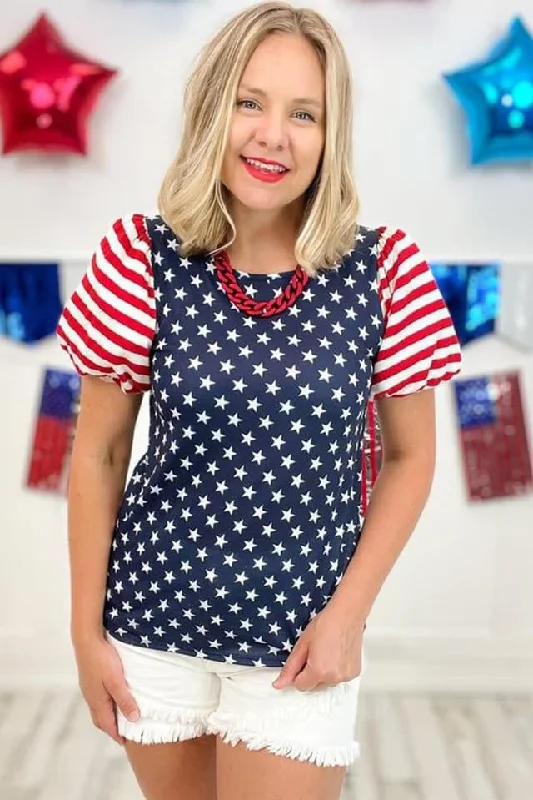 Navy Blue 4th Of July Stars Stripes Puff Sleeve TeeRecycled Fabric T-Shirts