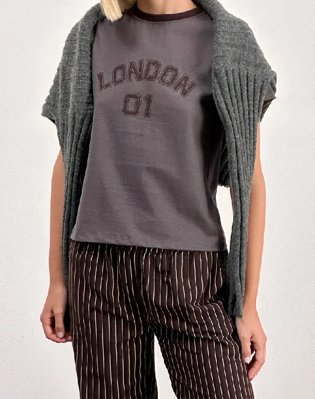 Sakha Boxy Tee in Dark Grey with London Print and Brown BindingOff-Shoulder T-Shirts