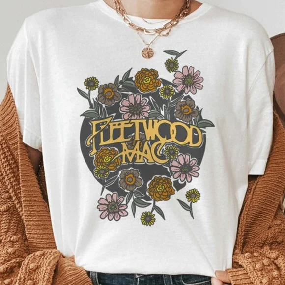 White Fleetwood Mac Stevie Nicks Floral Bella Canvas Relaxed Music Band Boho TeeSleep T-Shirts